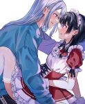  2girls black_hair black_pants blue_eyes blue_jacket blunt_bangs blush braid character_name clothes_writing commentary_request corset cross-laced_clothes dress frilled_sleeves frills grey_hair highres higuchi_kaede higuchi_kaede_(9th_costume) jacket lace-trimmed_legwear lace_trim long_hair looking_at_another maid maid_headdress medium_hair mole mole_under_eye multiple_girls nijisanji pants parted_lips purple_eyes red_corset sidelocks simple_background smile straddling sweat thighhighs tsukino_mito tsukino_mito_(9th_costume) twin_braids virtual_youtuber white_background white_dress white_thighhighs wrist_cuffs ya_ka_n yuri 