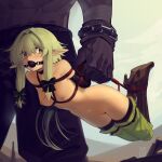  1girl absurdres angry bdsm bondage boots bound bow breasts brown_bow brown_footwear cad_(caddo) carrying carrying_person collarbone commission elf full_body gag goblin_slayer! green_eyes green_hair hair_between_eyes hair_bow hair_intakes high_elf_archer_(goblin_slayer!) high_heels highres knee_boots long_hair nipples nude pointy_ears pussy restrained second-party_source shibari sidelocks small_breasts solo_focus thighhighs 