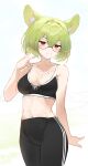  1girl absurdres animal_ear_fluff animal_ears arm_behind_back blush closed_mouth collarbone commission glasses green_hair hair_ornament hairpin highres kabedoru leggings looking_at_viewer medium_hair mouse_ears mouse_girl original pants pixiv_commission red_eyes simple_background solo sports_bra standing swimsuit track_pants v white_background 
