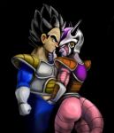  5_fingers alien alien_humanoid armor black_background black_hair blue_clothing bottomless bottomless_humanoid bottomless_male bracers bulge butt clothed clothing dragon_ball duo eyebrows fingers fist frieza gloves grope hair handwear headgear helmet hi_res horn humanoid literaturabdsm looking_at_another male male/male muscular muscular_humanoid muscular_male pink_body red_eyes saiyan shoulder_guards simple_background tail vegeta white_body white_skin 