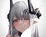  1boy 1girl absurdres arknights blunt_bangs blush censored collar collarbone cum cum_on_hair ejaculation facial grey_hair hair_ornament hetero highres horns infection_monitor_(arknights) long_hair looking_at_viewer mudrock_(arknights) parted_lips penis pointy_ears red_eyes solo_focus tab_head upper_body 