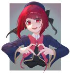  1girl 2830385208 absurdres arima_kana beret blue_headwear blue_jacket bob_cut grey_background happy hat hat_ribbon heart heart_hands highres inverted_bob jacket looking_at_viewer open_mouth oshi_no_ko red_eyes red_hair ribbon school_uniform short_hair simple_background smile sweater_vest upper_body youtou_high_school_uniform 