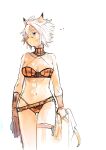  ... 1girl adventurer_(ff11) animal_ears bare_shoulders belt blue_eyes bra breasts cat_ears cat_girl cat_tail choker cleavage closed_mouth colored_eyelashes doraeshi facial_mark final_fantasy final_fantasy_xi hair_between_eyes halterneck highres medium_breasts mithra_(ff11) navel orange_belt orange_bra orange_choker orange_panties panties short_hair simple_background solo tail thigh_strap underwear whisker_markings white_background white_hair 