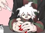  2boys :d =_= animal_collar black_jacket chain chain_leash chibi closed_eyes collar commentary danganronpa_(series) danganronpa_another_episode:_ultra_despair_girls dual_persona english_commentary fingernails green_shirt hair_between_eyes holding holding_syringe jacket komaeda_nagito lapels leash messy_hair mini_person miniboy multiple_boys no_fingers no_nose open_mouth outline red_nails red_shirt servant_(danganronpa) seumol_sx shirt sleeves_rolled_up smile striped striped_shirt syringe teeth two-tone_shirt upper_teeth_only white_hair white_outline 