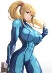  1girl abs blonde_hair blue_bodysuit blue_eyes bodysuit breasts covered_abs covered_navel gonzarez gun highres holding holding_gun holding_weapon large_breasts lips long_hair looking_at_viewer metroid ponytail samus_aran smile solo thumbs_up upper_body very_long_hair weapon white_background zero_suit 
