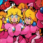  ! 1girl ? ass blonde_hair blue_eyes breasts cherry crown double_cherry dress earrings elbow_gloves food fruit gloves highres jewelry large_breasts legendofnerd lips mario_(series) multiple_views pink_dress pink_gloves pink_lips princess_peach super_mario_3d_world 