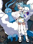  1girl absurdres altaria blue_gloves blue_hair blush commentary_request detached_sleeves double_bun flying_miku_(project_voltage) full_body fur_collar gloves gradient_hair hair_bun hair_over_one_eye hand_on_own_hip hand_up hatsune_miku highres holding holding_poke_ball long_hair loose_socks multicolored_hair open_mouth poke_ball poke_ball_(basic) pokemon pokemon_(creature) project_voltage sandals see-through see-through_sleeves single_glove socks standing sugarmonaka twintails very_long_hair vocaloid white_hair white_socks wind_chime 