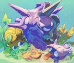  akira_(akira_art_poke) black_eyes cloyster commentary_request grin highres no_humans omanyte pokemon pokemon_(creature) sand seashell seaweed shell shellder signature smile teeth tongue underwater 