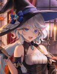  1girl bare_shoulders blue_eyes breasts candle cropped earrings frills furina_(genshin_impact) genshin_impact halloween halloween_costume hat heterochromia highres jewelry long_sleeves open_mouth rity small_breasts solo upper_body white_hair window witch_hat 