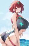  1girl absurdres arm_under_breasts artist_name ass blush breasts dimples_of_venus earrings eyebrows_hidden_by_hair facing_away hair_ornament highres huge_breasts in_water jewelry keenh looking_at_viewer looking_back one-piece_swimsuit open_mouth pyra_(pro_swimmer)_(xenoblade) pyra_(xenoblade) red_eyes red_hair short_hair solo swimsuit thighs water wet xenoblade_chronicles_(series) xenoblade_chronicles_2 