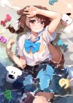  1girl animal_ears arm_on_head beach blue_bow blue_bowtie blue_skirt blush bow bowtie braid brown_eyes brown_hair closed_mouth collared_shirt commentary_request dog_ears dog_girl dog_tail hair_between_eyes highres hololive inugami_korone long_hair looking_at_viewer low_twin_braids lying on_back partially_submerged pleated_skirt shirt short_sleeves skirt smile solo tail takumin_dx twin_braids virtual_youtuber water wet wet_clothes wet_shirt white_shirt 