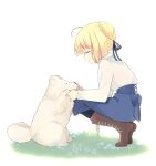  1girl 87banana ahoge artoria_pendragon_(fate) black_pantyhose blonde_hair blue_dress boots braid brown_footwear closed_eyes closed_mouth commentary_request dog dress fate/stay_night fate_(series) full_body long_hair long_sleeves pantyhose ribbon saber shirt smile white_shirt 