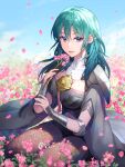  1girl :d aqua_hair armor black_shirt blue_eyes blue_sky breasts byleth_(female)_(fire_emblem) byleth_(fire_emblem) clothing_cutout cloud commentary_request day fire_emblem fire_emblem:_three_houses flower large_breasts long_hair looking_at_viewer navel navel_cutout open_mouth pantyhose petals pink_flower shirt shoulder_armor sitting sky smile solo thighs vambraces yamigo 