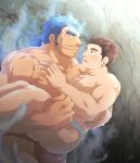  2boys aura bara beard blue_eyes blue_hair blush broad_shoulders brown_eyes brown_hair bulge carrying closed_mouth facial_hair fiery_horns fundoshi hand_on_another&#039;s_chest horns japanese_clothes jormungandr_(f-kare) long_sideburns looking_at_another male_focus male_underwear mature_male multiple_boys muscular muscular_male parted_lips pectorals ponytail princess_carry protagonist_3_(housamo) red_fundoshi short_hair sideburns signature stubble sunfight0201 thick_eyebrows tokyo_afterschool_summoners underwear underwear_only yaoi 