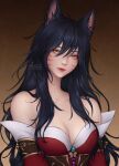  1girl ahri_(league_of_legends) animal_ears artelsia artist_name bare_shoulders breasts brown_background cleavage closed_mouth collarbone detached_sleeves facial_mark fox_ears fox_girl hair_between_eyes highres kumiho large_breasts league_of_legends orange_eyes red_lips red_sleeves smile solo upper_body whisker_markings 