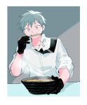  1boy bags_under_eyes black_gloves black_necktie bowl brown_eyes chopsticks chopsticks_in_mouth collarbone collared_shirt fate/grand_order fate_(series) food gloves grey_hair highres holding holding_bowl male_focus mouth_hold necktie noodles oneroom-disco ramen saitou_hajime_(fate) shirt short_hair sleeves_rolled_up solo steam white_shirt 