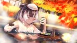  1girl absurdres autumn_leaves blunt_bangs blush breasts cleavage closed_eyes closed_mouth cup highres holding holding_cup hololive hololive_dev_is juufuutei_raden large_breasts long_hair nanakusa_ayame onsen sidelocks smile solo virtual_youtuber water 