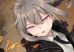  1girl black_jacket black_necktie brown_background collared_shirt cropped dutch_angle girls&#039;_frontline gou_(double_trigger) grey_hair hair_between_eyes jacket lowres m200_(girls&#039;_frontline) medium_hair necktie open_mouth purple_eyes shirt solo sparks upper_body white_shirt zipper 