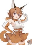  1girl absurdres bare_shoulders blue_eyes blush bow bowtie brown_bow brown_bowtie brown_gloves brown_hair brown_skirt brown_thighhighs caracal_(kemono_friends) caracal_ears cat_girl cat_tail gloves hand_on_own_hip high-waist_skirt highres kemono_friends looking_at_viewer multicolored_hair noor7 shirt short_hair skirt solo tail thighhighs v white_hair white_shirt zettai_ryouiki 
