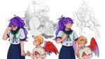  1boy 1girl aged_down blonde_hair blue_skirt boku_no_hero_academia character_doll child closed_eyes closed_mouth commentary crying daniartonline doll endeavor_(boku_no_hero_academia) english_commentary feathered_wings hawks_(boku_no_hero_academia) highres holding holding_doll holding_hands hug lady_nagant long_hair looking_at_another male_child multicolored_hair open_mouth ponytail purple_hair red_wings school_uniform scratches serafuku shirt short_hair short_sleeves simple_background sitting skirt standing two-tone_hair white_background white_shirt wings 