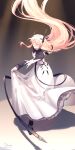  1girl absurdres arknights closed_eyes closed_mouth dancing dated dress frilled_dress frills full_body hair_between_eyes highres horns long_hair long_sleeves pink_hair signature skirt_hold solo theresa_(arknights) twitter_username very_long_hair white_dress yoruyume 