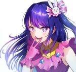  &gt;:) 1girl :d bare_shoulders blue_hair commentary_request eyelashes frilled_gloves frills gloves hair_between_eyes hair_ornament hair_ribbon hair_spread_out heart hoshino_ai_(oshi_no_ko) hyoe_(hachiechi) idol light_blush lips long_hair looking_at_viewer one_side_up open_mouth oshi_no_ko pink_gloves pink_ribbon pink_shirt purple_eyes rabbit_hair_ornament ribbon shirt sidelocks simple_background smile solo star-shaped_pupils star_(symbol) swept_bangs symbol-shaped_pupils teeth upper_body v v-shaped_eyebrows v_over_mouth very_long_hair white_background 