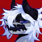  1:1 angry anthro artist_pebbleddragon bared_teeth big_teeth black black_horn black_teeth blue_eyes clenched_teeth dark_teeth digital_drawing_(artwork) digital_media_(artwork) dragon fluffy fur grey_body grin hair headshot_portrait hi_res highlights_(coloring) horn icon looking_at_viewer looking_down male male/male monster mouth_closed painting_(artwork) pebbleddragon portrait red_background red_eyes shaded shadow sharp_teeth short_hair simple_background smile solo teeth teethy toothy_grin traditional_media_(artwork) unknown_species white_body white_fur white_hair 