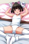  1girl animal_ears animal_hands bare_shoulders bed_sheet black_hair blush breasts brown_eyes cat_ear_hairband cat_ears cat_tail fake_animal_ears fake_tail gloves head_tilt highres lying matsunaga_kouyou nose_blush on_back on_bed one-piece_swimsuit open_mouth original paw_gloves paw_pose paw_shoes pillow school_swimsuit short_hair short_twintails sidelocks small_breasts smile solo spread_legs swimsuit tail thighhighs twintails white_one-piece_swimsuit white_thighhighs 