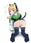  1girl absurdres all_fours animal_ear_headphones animal_ears aqua_bow ass black_thighhighs blue_archive blunt_bangs blush bow cat_ear_headphones cat_tail eyelashes fake_animal_ears fake_tail feet flying_sweatdrops foreshortening from_behind full_body green_jacket green_panties hair_bow headphones highres hood hood_down hooded_jacket jacket legs long_sleeves looking_back lts_kakuyo midori_(blue_archive) multicolored_clothes multicolored_jacket no_pants no_shoes open_mouth panties paw_pose shadow short_hair_with_long_locks sleeves_past_wrists soles solo striped striped_panties sweatdrop tail thighhighs toe_scrunch toes underwear white_jacket white_panties wide_sleeves 