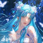  1girl artist_request bare_shoulders blue_eyes breasts bug butterfly character_name collarbone cone_hair_bun dark_background douluo_dalu dress flower hair_bun hair_flower hair_ornament hand_up highres jewelry long_hair medium_breasts necklace parted_lips second-party_source solo tang_wutong_(douluo_dalu) teeth upper_body white_dress 