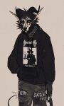  anthro big_ears black_metal bottomwear canid canid_demon canine canis clothing corpse_paint demon domestic_dog evil_look hellhound hi_res hoodie horn male mammal moonmoon_ext pants patch_(fabric) punk solo topwear vratyas 