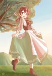  1girl :d alternate_costume apron blue_sky brown_eyes brown_footwear brown_hair commentary_request costume_request day dot_nose full_body grass green_skirt hair_between_eyes head_scarf highres long_hair long_sleeves looking_at_viewer low_twintails murosaki_miyo nature onii-chan_wa_oshimai! open_mouth outdoors seiyu_jelly shirt shoes signature skirt skirt_hold sky smile solo standing standing_on_one_leg tree twintails waist_apron white_shirt 