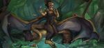  abs action_pose anthro avian bird brown_body brown_hair claws diorionarh dragon forest grass green_claws grey_body hair hi_res laugh leaf male membrane_(anatomy) membranous_wings muscular muscular_anthro muscular_male nature pinup plant pose river scalie smile solo torso tree water wings 