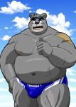  2023 anthro bear belly big_belly black_nose bodily_fluids bulge clothing cloud kemono male mammal musclegut outside overweight overweight_male shiba-kenta solo sweat swimwear 