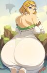  2023 big_butt blonde_hair blue_eyes breasts butt clothed clothing cloud female hair hi_res humanoid humanoid_pointy_ears hylian nintendo not_furry outside princess_zelda probablynoon solo the_legend_of_zelda 
