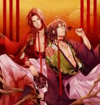  2boys comacomavlog green_eyes hakuouki_shinsengumi_kitan holding holding_mask japanese_clothes kimono mask multiple_boys pleated_skirt red_hair red_nails sitting skirt wide_sleeves 