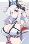  1girl alternate_costume arknights bare_shoulders breasts detached_sleeves earrings fur-trimmed_sleeves fur_trim highres horns jewelry kirin_(armor) large_breasts long_hair looking_at_viewer monster_hunter_(series) mooootmt mudrock_(arknights) navel pendant pointy_ears red_eyes solo upper_body white_background white_hair 