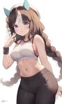  1girl :o absurdres animal_ears bare_arms bare_shoulders beret black_pants blunt_bangs breasts brown_hair commentary_request cowboy_shot crop_top hand_up hat hazuki_lime highres hokko_tarumae_(umamusume) horse_ears large_breasts leggings long_braid long_hair looking_at_viewer midriff navel pants parted_lips purple_eyes revision simple_background skindentation solo sports_bra standing stomach thighs umamusume very_long_hair white_background white_headwear wristband 