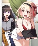  2girls black_hair black_hairband blonde_hair bow bra breasts changing_room cleavage curtains hair_bow hairband highres hyoe_(hachiechi) inoue_takina jewelry long_hair looking_at_another looking_back lycoris_recoil multiple_girls nishikigi_chisato pendant purple_eyes red_bra red_eyes short_hair short_shorts shorts thighs underwear undressing v-shaped_eyebrows walk-in 