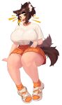  1girl absurdres animal_ears breasts brown_hair cellphone collar dog_ears dog_girl dog_tail haru_feng highres holding holding_phone huge_breasts orange_skirt original phone shirt shoes skirt sneakers socks tail tail_wagging thick_thighs thighs white_background white_shirt yellow_eyes yellow_socks 