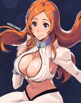  1girl artist_name bleach bleach:_the_thousand-year_blood_war breasts brown_eyes cleavage cleavage_cutout closed_mouth clothing_cutout cropped_shirt dark_background detached_sleeves english_commentary hair_ornament hairpin highres inoue_orihime large_breasts long_hair long_skirt midriff missfaves navel orange_hair parted_bangs shirt skirt sleeveless sleeveless_shirt smile solo striped striped_shirt vertical-striped_shirt vertical_stripes white_shirt white_skirt white_sleeves 
