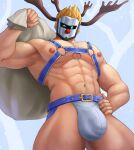  1boy abs antlers armpit_peek bara belt blonde_hair bulge carrying_over_shoulder chest_harness covered_penis crotch feet_out_of_frame from_below gift_bag harness highres indie_virtual_youtuber large_bulge large_pectorals looking_at_viewer male_focus mask masked_himbo_(silvyspark) muscular muscular_male navel nipples o-ring o-ring_top pectorals purple_belt red_nose reindeer_antlers rekkinj revealing_clothes second-party_source short_hair solo standing stomach thick_thighs thighs 