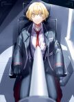  1boy andkyuryuu belt black_belt black_coat black_gloves black_pants blonde_hair coat collared_shirt commentary_request eyebrows_hidden_by_hair gloves highres limbus_company long_sleeves looking_at_viewer male_focus necktie open_clothes open_coat pants parted_lips project_moon recording red_necktie scared shirt short_hair sinclair_(limbus_company) sitting solo suspenders sweat white_shirt yellow_eyes 