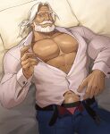  1boy abs bara bare_pectorals beard bed belt blue_eyes blue_pants dark-skinned_male dark_skin facial_hair highres jp_(street_fighter) large_pectorals long_hair looking_at_viewer loose_belt lying male_focus male_underwear mature_male muscular muscular_male mustache navel navel_hair old old_man on_bed open_fly pants partially_unbuttoned partially_undressed pectorals pillow pink_male_underwear ponytail sa1k0p shirt solo street_fighter street_fighter_6 thick_eyebrows thick_mustache underwear white_hair white_shirt 