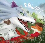  absurd_res anthro canid canine duo feeding fel fenrir_(disambiguation) feral food forest forest_background fox hi_res jaws male male/male mammal nature nature_background open_mouth plant thux-ei tondemo_skill tree 