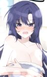 1girl blue_archive blush breasts cleavage collarbone covering halo highres large_breasts long_hair looking_at_viewer nose_blush nude_cover purple_eyes purple_hair seno_(senohime) solo steam straight_hair tears upper_body very_long_hair water_drop white_towel yuuka_(blue_archive) 