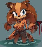  2023 angry anthro badger blood blue_eyes bodily_fluids bottomwear brown_body brown_fur casual_exposure clenched_teeth clothed clothing female fur hi_res holding_object holding_spear holding_weapon inker_comics jewelry mammal melee_weapon mustelid musteline necklace partially_submerged polearm portrait sega skirt solo sonic_boom sonic_the_hedgehog_(series) spear sticks_the_jungle_badger teeth three-quarter_portrait topless topless_anthro topless_female weapon 