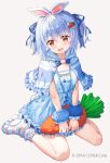  1girl :d animal_ears blue_capelet blue_dress blue_hair blue_ribbon capelet commentary_request dress frilled_capelet frilled_dress frills fujima_takuya full_body grey_background hair_between_eyes hair_ribbon hololive looking_at_viewer no_shoes official_art rabbit-shaped_pupils rabbit_ears red_eyes ribbon simple_background sitting smile socks solo striped striped_socks symbol-shaped_pupils twintails usada_pekora virtual_youtuber wariza 