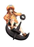  1girl anchor anchor_symbol backpack bag bare_legs bike_shorts black_gloves black_shorts brown_hair cabbie_hat ebi_pri_shrimp fingerless_gloves full_body gloves guilty_gear guilty_gear_strive hat hat_ornament hood hoodie jacket long_hair long_sleeves looking_at_viewer may_(guilty_gear) orange_footwear orange_headwear orange_hoodie orange_jacket shorts skull_and_crossbones skull_hat_ornament smile solo standing standing_on_object white_background 