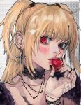  1girl amane_misa black_choker black_dress black_eyes black_nails blonde_hair blush choker closed_mouth cross cross_earrings death_note dress earrings food fruit heterochromia highres holding holding_food holding_fruit jewelry long_hair looking_at_viewer multiple_rings necklace red_eyes ring solo strawberry thearyvki twintails 